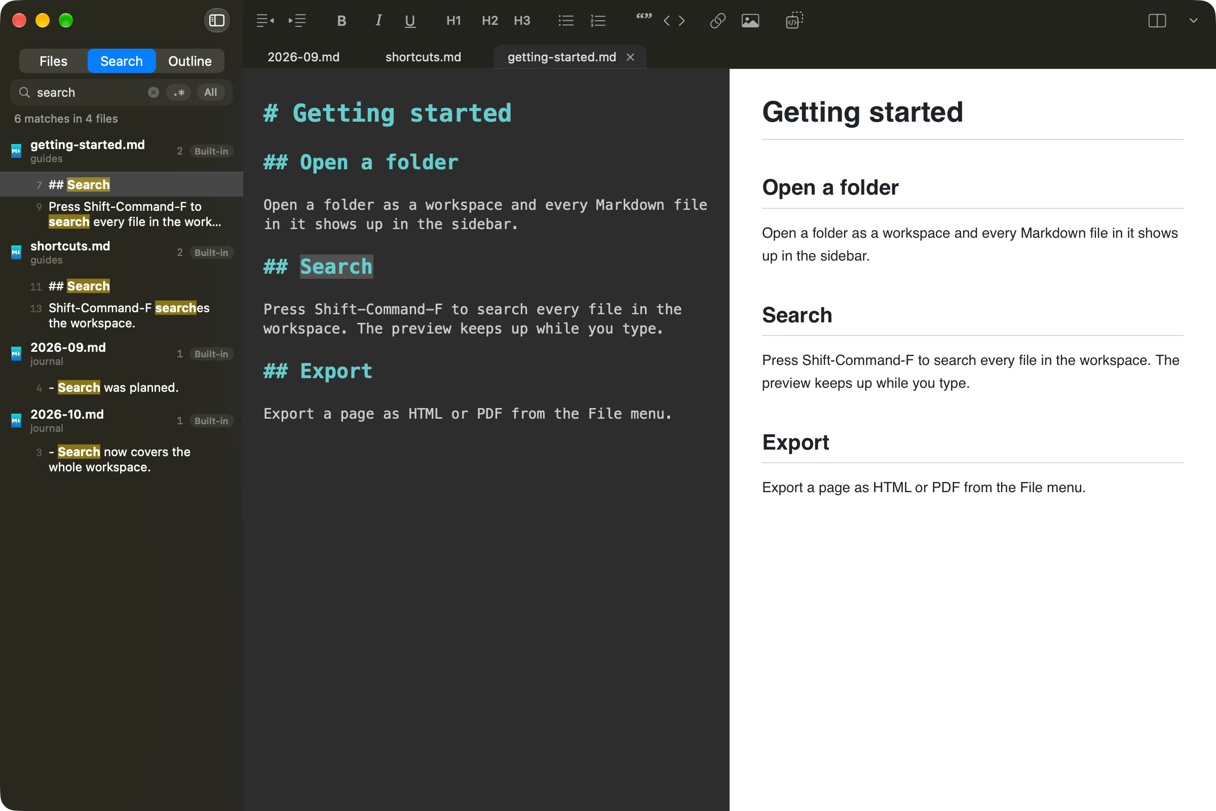 MacDown2.0 with a workspace folder open: the sidebar shows full-text search results across the folder's files, three tabs sit above the editor, and the preview is on the right